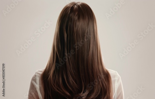 Beautiful woman with long brown hair, back view, white background, hair salon video advertisement