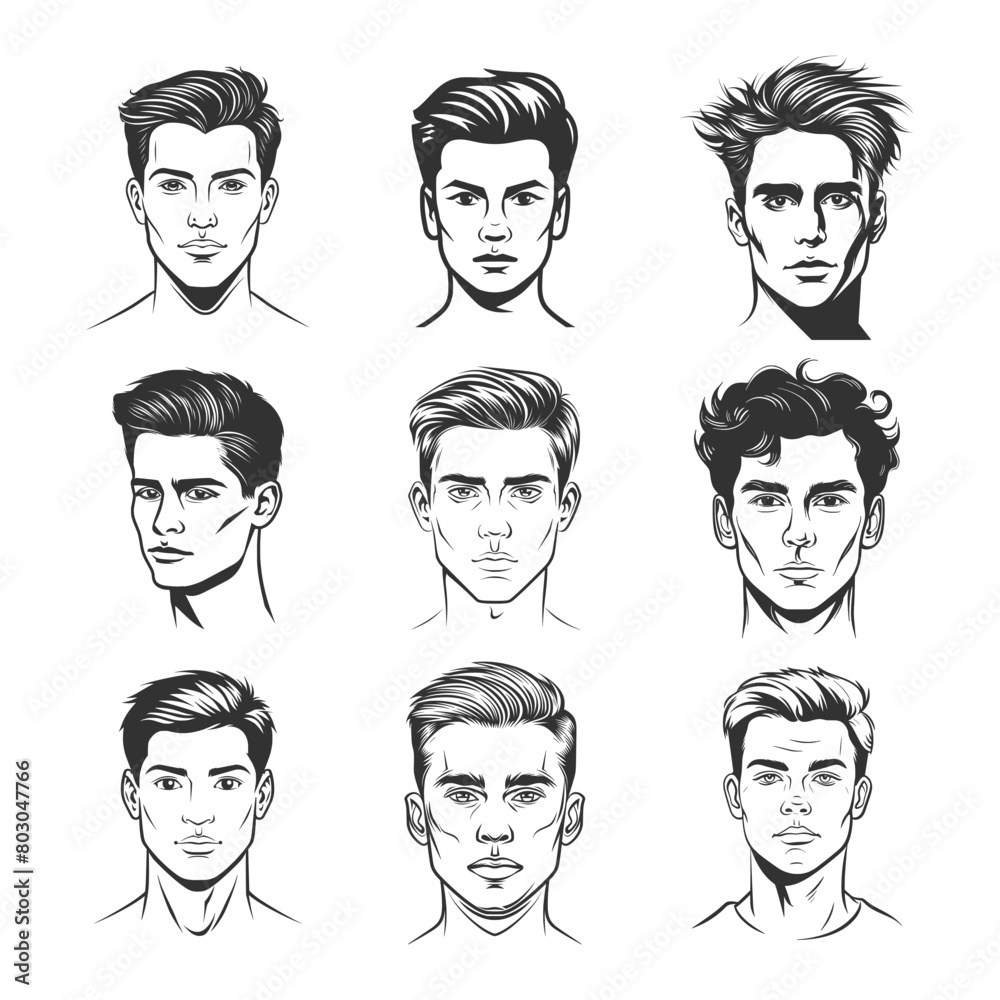 men's hair styles, simple line drawings, vector graphics, front view, white background. AI generated. men's hair styles, simple line drawings, vector graphics, front view, white background. AI generated.