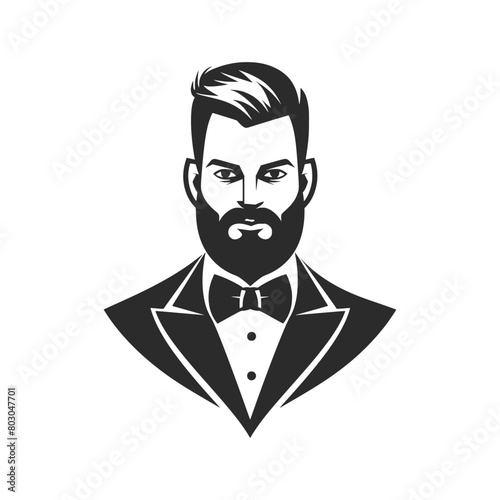 Black and white logo of a gentleman with a beard, bow tie AI generated.