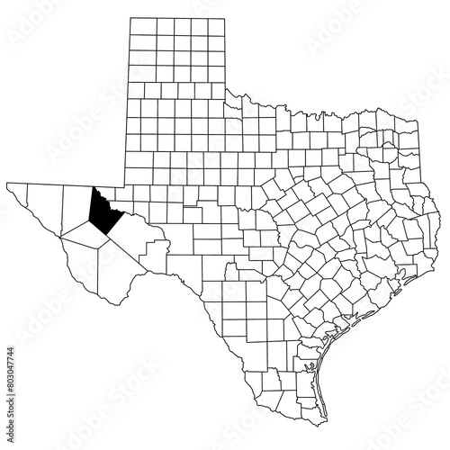 Map of Reeves County in Texas state on white background. single County map highlighted by black colour on Texas map. UNITED STATES, US photo