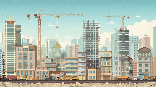 Panoramic view of a bustling city with skyscrapers and a busy construction site  including a tower crane  building residential buildings. The image is presented in a vector graphic format.