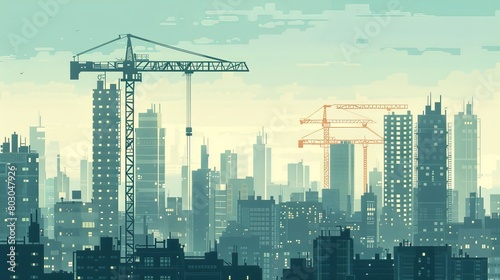 Panoramic view of a bustling city with skyscrapers and a busy construction site, including a tower crane, building residential buildings. The image is presented in a vector graphic format.