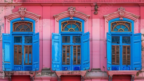Pink building facade with blue windows adorned with ornate frames  featuring wooden shutters.