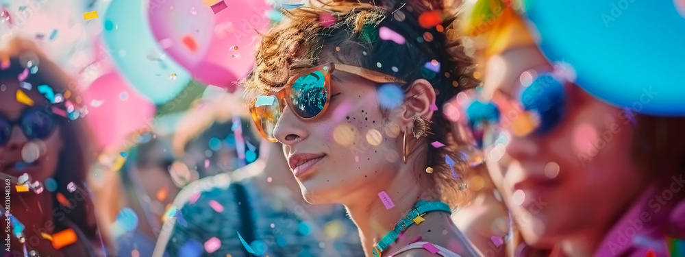 A woman is surrounded by confetti and wearing sunglasses, she is smiling and she is enjoying herself