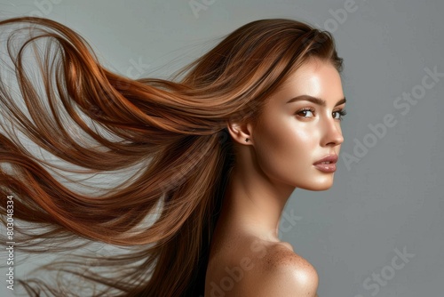 Beautiful woman with long brown hair, flowing in the wind, photo for hair salon ad, side view, full body shot, hair is beautiful and shiny
