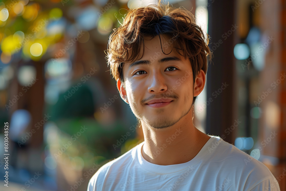 Close-up outdoors portrait of a young Asian man with a smile on his face