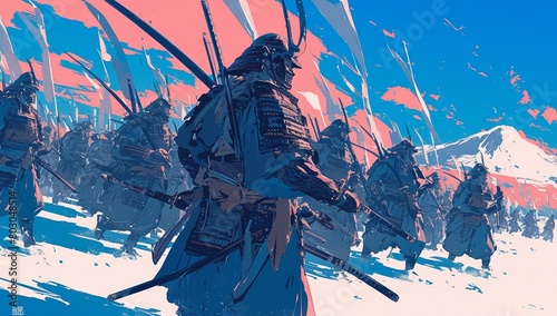 Ancient samurai army marching through the icy tundra, with flat colors, a blue and pink sky.  photo