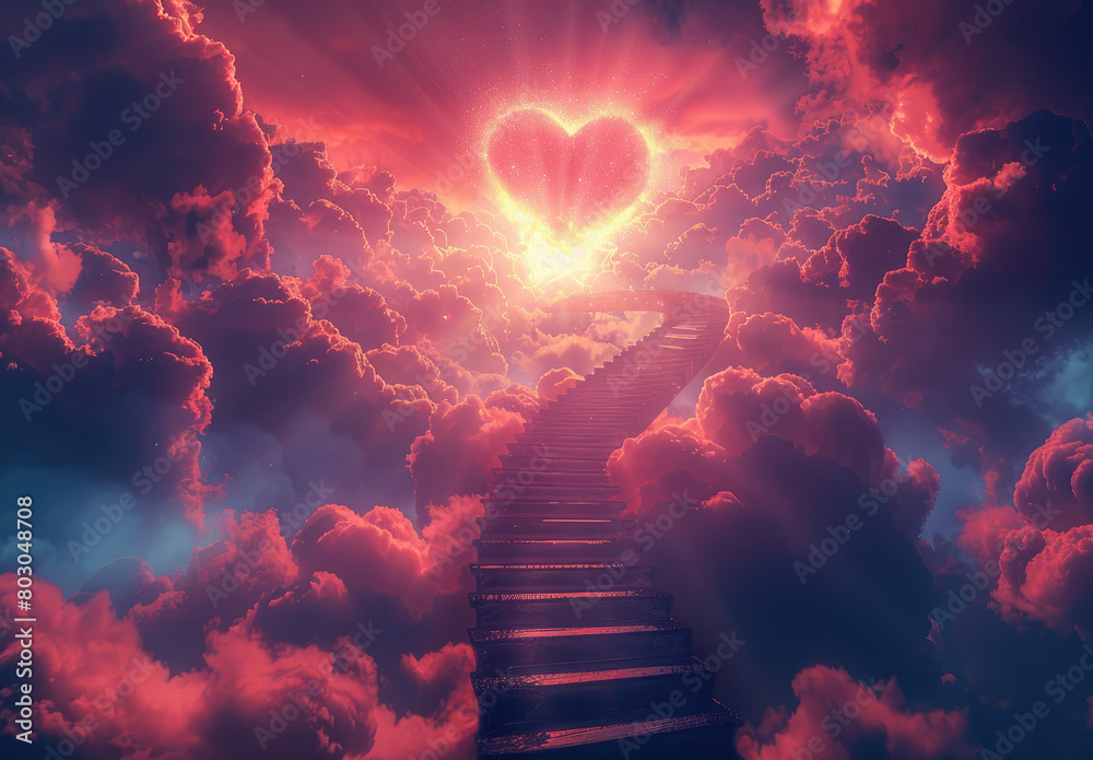 Fototapeta premium Stairs leading to the sky or heaven, with heart-shaped clouds in front of them and rays shining through from behind. 