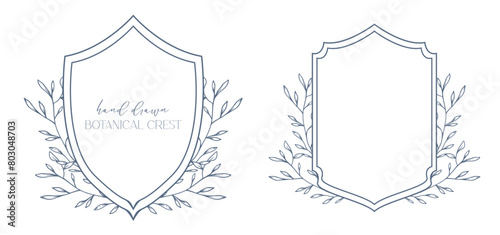 Wedding Crest floral Line Art Design. Botanical Crest Line Drawing. Greenery Line Art, Leaf and Branches Crest. Floral Frame line Art. Monogram Logo Crest