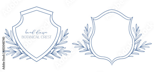 Wedding Crest floral Line Art Design. Botanical Crest Line Drawing. Greenery Line Art, Leaf and Branches Crest. Floral Frame line Art. Monogram Logo Crest
