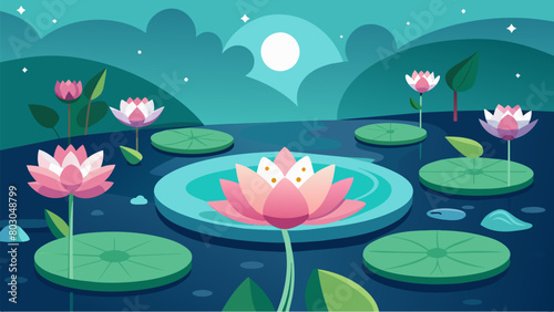 A quiet pond with blooming lotus flowers representing the patients spiritual growth and inner peace as a result of their recovery..