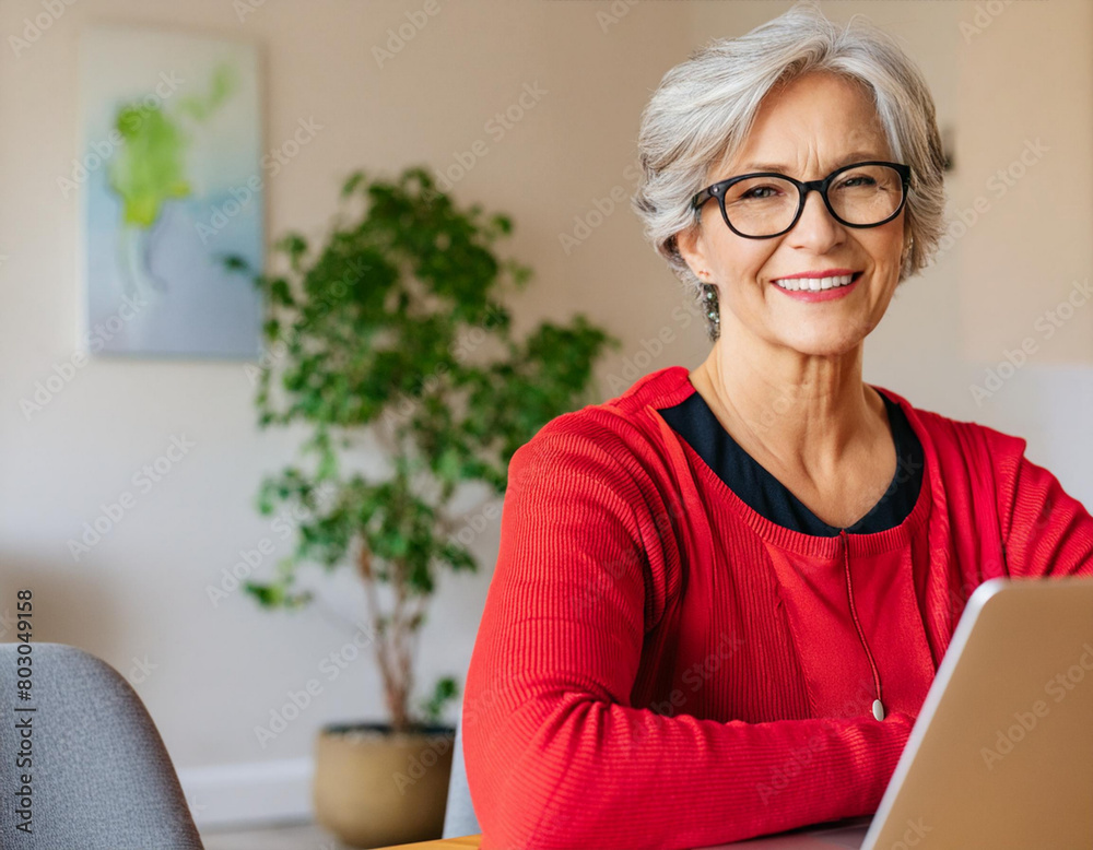 portrait of lady fifties year old senior woman grey hairs working on personal laptop in home portrait of lady fifties year old senior woman grey hairs working on personal laptop in home