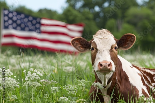 Independence Day cow celebration of freedom and democracy, comes together to honor the ideals that define the American spirit, stars and stripes flag background