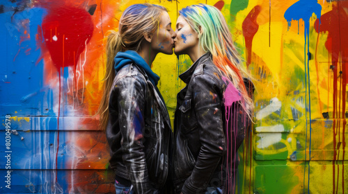 Illustrated scene of two young blonde lesbians kissing in a graffiti-filled urban setting.