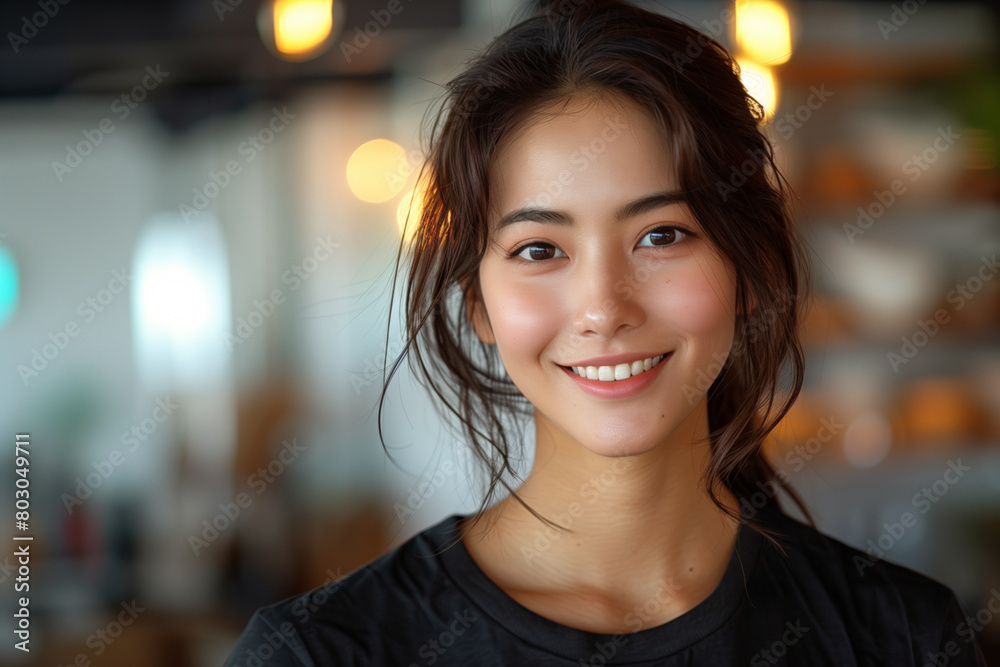Close up portrait of smiling Asian female model wearing a black t-shirt, with a minimalist style and blurred background Close up portrait of smiling Asian female model wearing a black t-shirt, with a minimalist style and blurred background