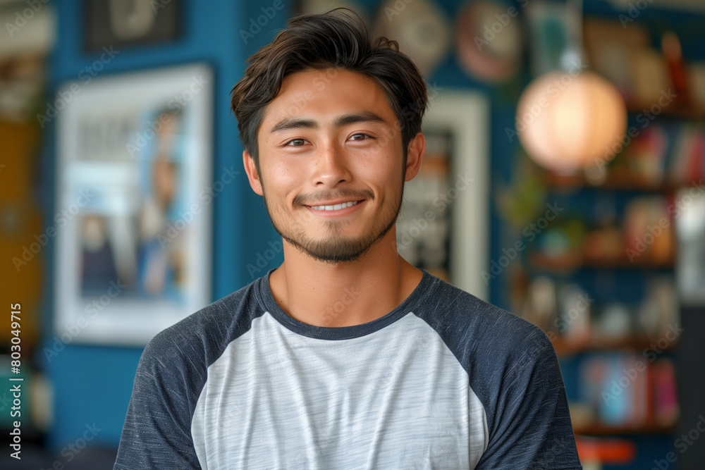 Asian man standing in front of blue wall in creative interior Asian man standing in front of blue wall in creative interior