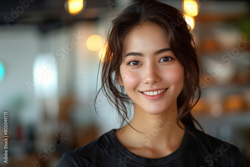Close up portrait of smiling Asian female model wearing a black t-shirt, with a minimalist style and blurred background