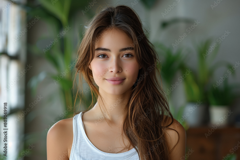 Beautiful asian woman with long brown hair in white tank top in room with green plants Beautiful asian woman with long brown hair in white tank top in room with green plants