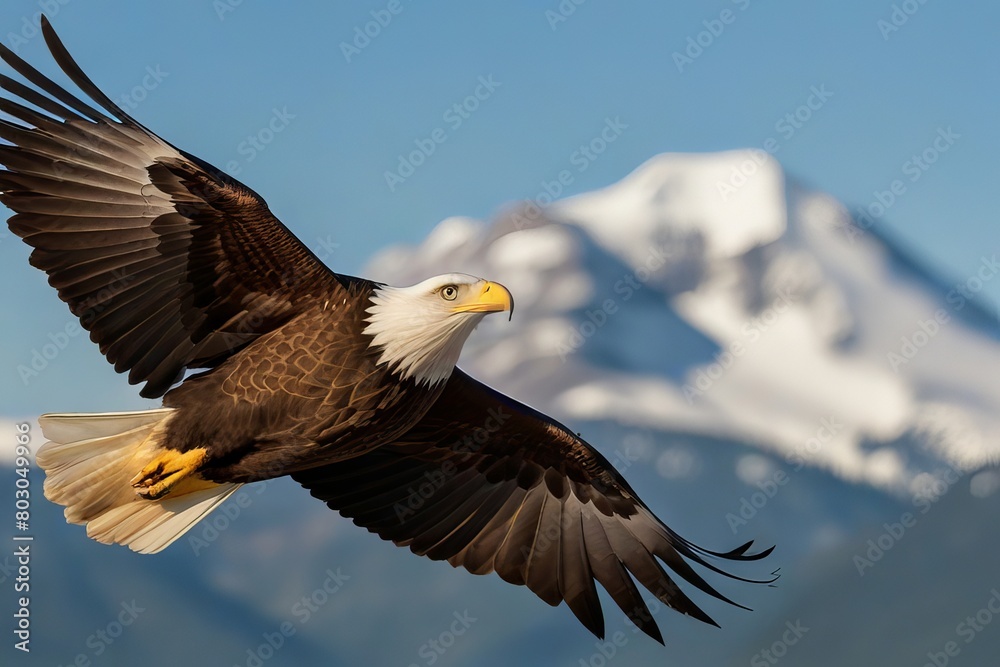 Naklejka premium Eagle soaring high above a mountain range, its wings spread wide against the blue sky.