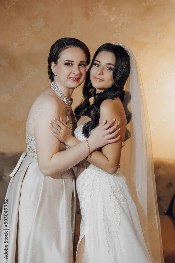 Two women are hugging each other, one of them is wearing a wedding dress. Scene is warm and affectionate Two women are hugging each other, one of them is wearing a wedding dress. Scene is warm and affectionate