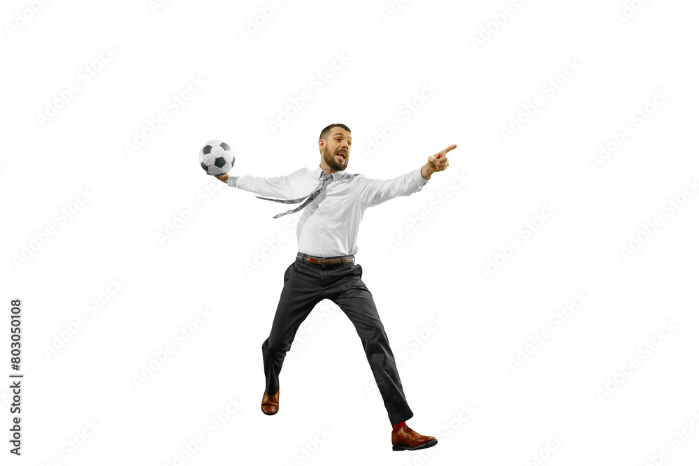 Emotional man in formal wear, businessman running with soccer ball isolated on transparent background. Concept of human emotions, sport, hobby, leisure activity, business