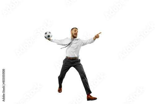 Emotional man in formal wear, businessman running with soccer ball isolated on transparent background. Concept of human emotions, sport, hobby, leisure activity, business © master1305