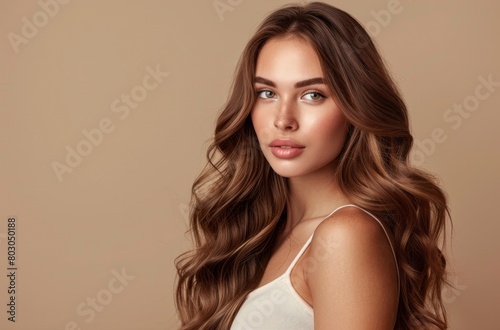 Beautiful woman with long wavy hair, showcasing her luxurious and healthy locks in front of a beige background