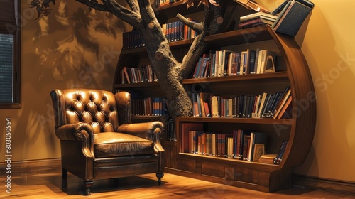Creative and cozy reading space featuring a tree-shaped bookcase and classic armchair. photo