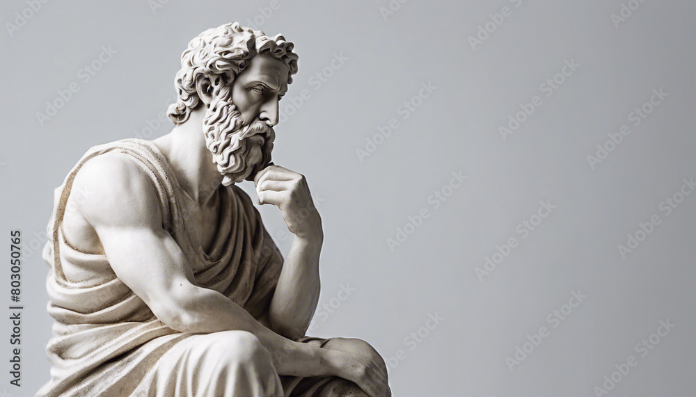 statue of a Greek philosopher reading book, isolated white background, copy space for text
