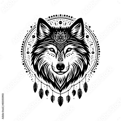 wolf silhouette in bohemian, boho, nature illustration