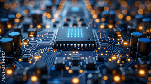 Chip to create global internet network connection of quantum computers Cyberspace is blue.