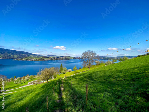 Scenic rural landscape with Lake Lucerne in the background seen from hiking trail from Bürgenstock mountain to Kehrsiten on a sunny spring day. Photo taken April 11, Kehrsiten, Switzerland.