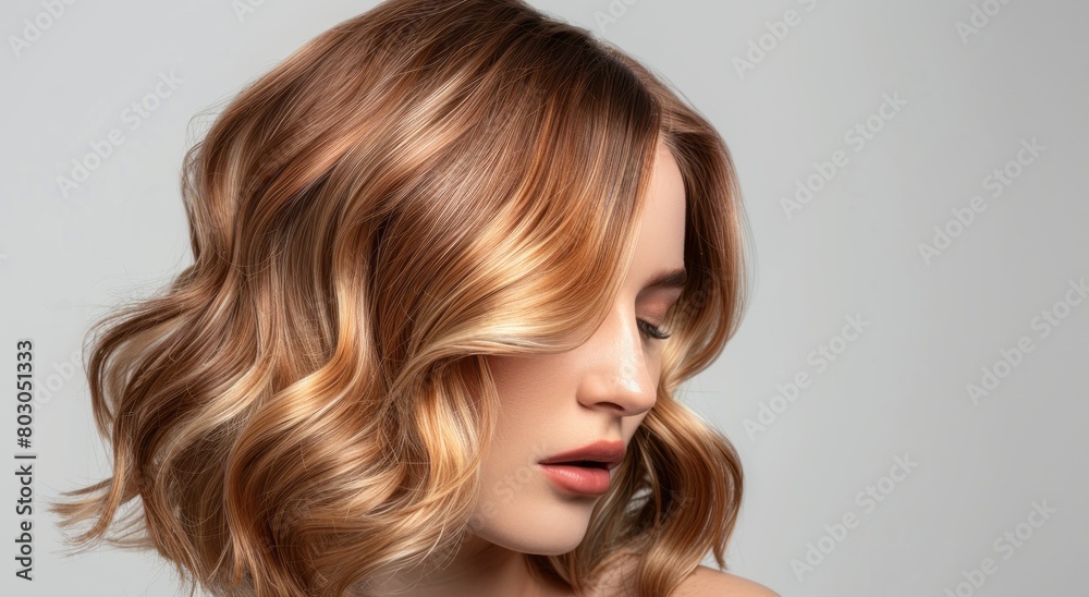 Obraz premium Beautiful woman with wavy hair, long bob hairstyle in light brown color on white background, high resolution photography, high quality details, hair salon ad banner