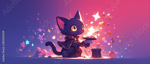 A black kitten magician pulling endless treats out of a top hat photo