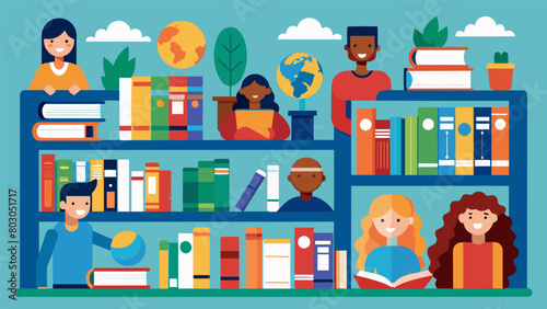 An inclusive library of diverse books representing various cultures and perspectives catering to diverse learners.. Vector illustration
