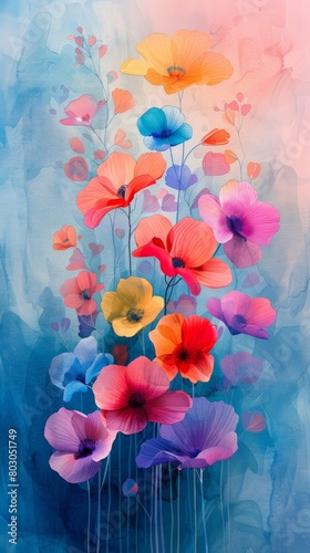 Watercolor Floral Bouquet in Pink and Red with Summer Blossoms and Leafy Accents