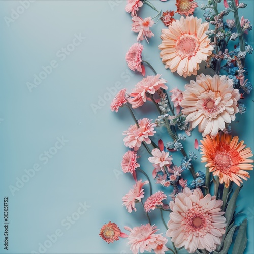 Beautiful bouquet of pink and yellow flowers on a blue background