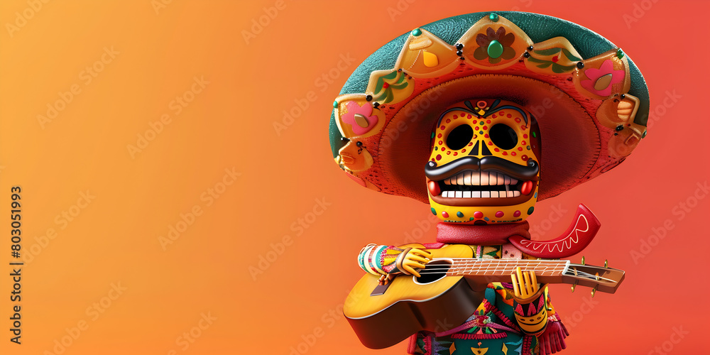 Adorable skeleton dressed as a mariachi playing guitar for the day of the dead
