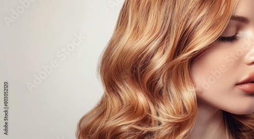 Beautiful woman with wavy hair, long bob hairstyle in light brown color on white background, high resolution photography, high quality details, hair salon ad banner