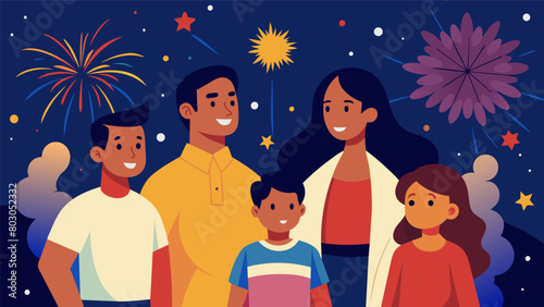 A family of immigrants proudly watching the fireworks their hearts full of gratitude for the opportunities and freedom that this holiday represents.. Vector illustration