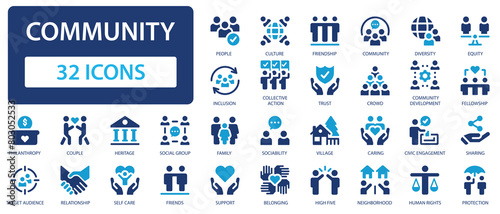 Community icon collection. Social life, which includes family, friendship, communication, etc. Solid icon set. photo