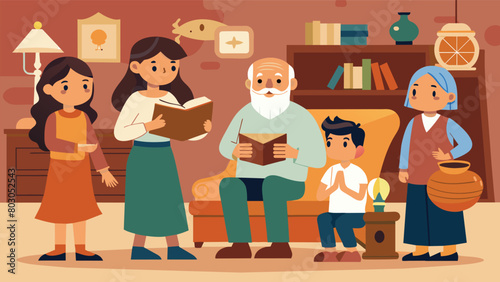 A cozy living room filled with ancient artifacts and relics from the countrys fight for independence with the grandparents giving a minilecture to. Vector illustration