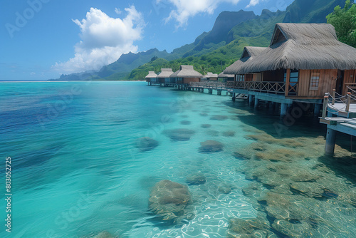 Pier with thatched wooden bungalow huts in sea of azure water at bora bora AI Generative