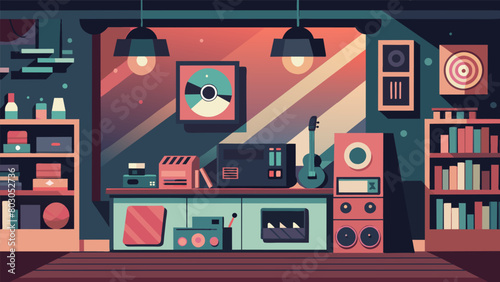 The shop had a distinct smell of old electronics and records giving it a nostalgic and comforting atmosphere. Vector illustration