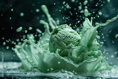 A captivating photograph of a green ice cream scoop in mid-air, creating a mesmerizing splash. © Faisu