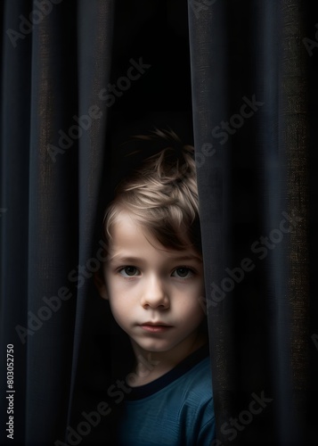Close-up portrait of a little boy behind a curtain