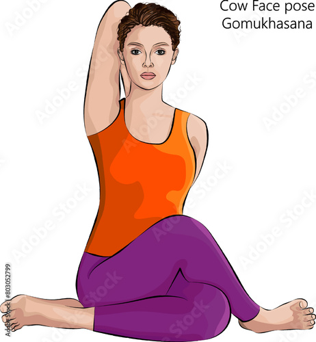 Young woman practicing Gomukhasana yoga pose. Cow Face pose. Intermediate Difficulty. Isolated vector illustration.