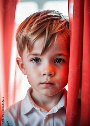 Close-up portrait of a little boy behind a curtain