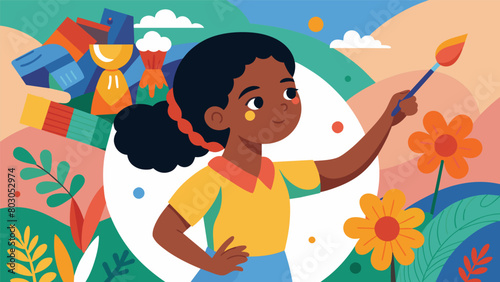 A closeup shot of a young girl holding a paintbrush and carefully adding her touch to a section of the Juneteenth mural surrounded by colorful and. Vector illustration