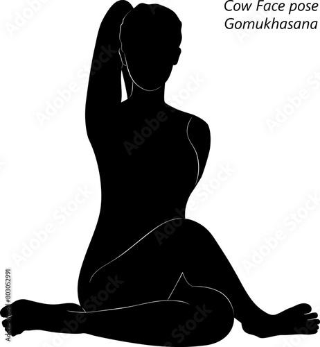 Silhouette of young woman practicing Gomukhasana yoga pose. Cow Face pose. Intermediate Difficulty. Isolated vector illustration